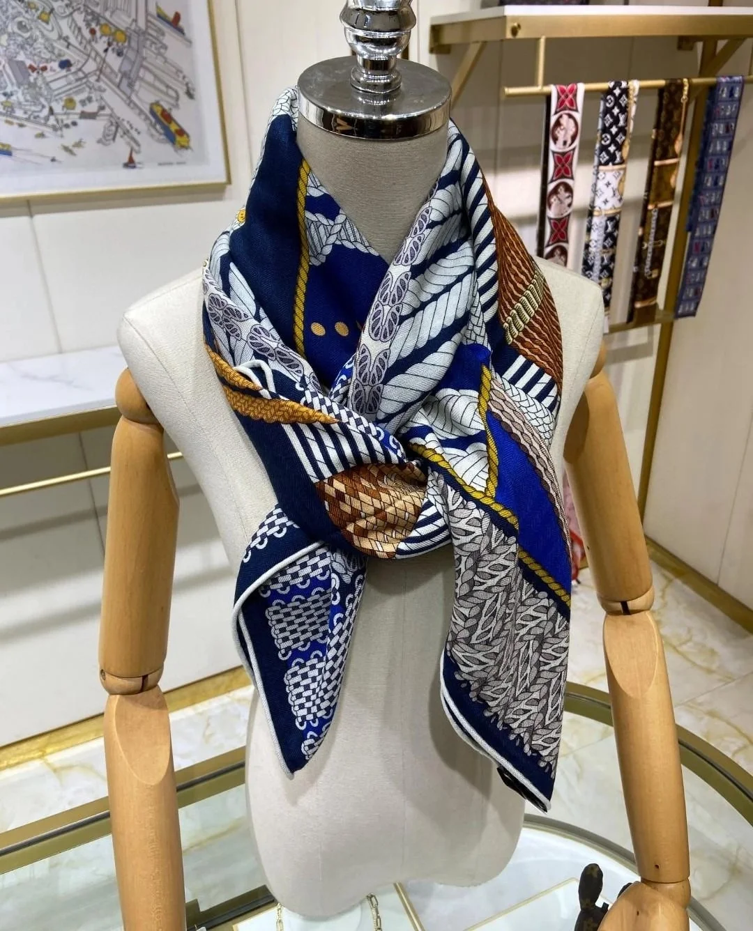 에르메스 Dressage Tressage 140 마린 숄 스카프