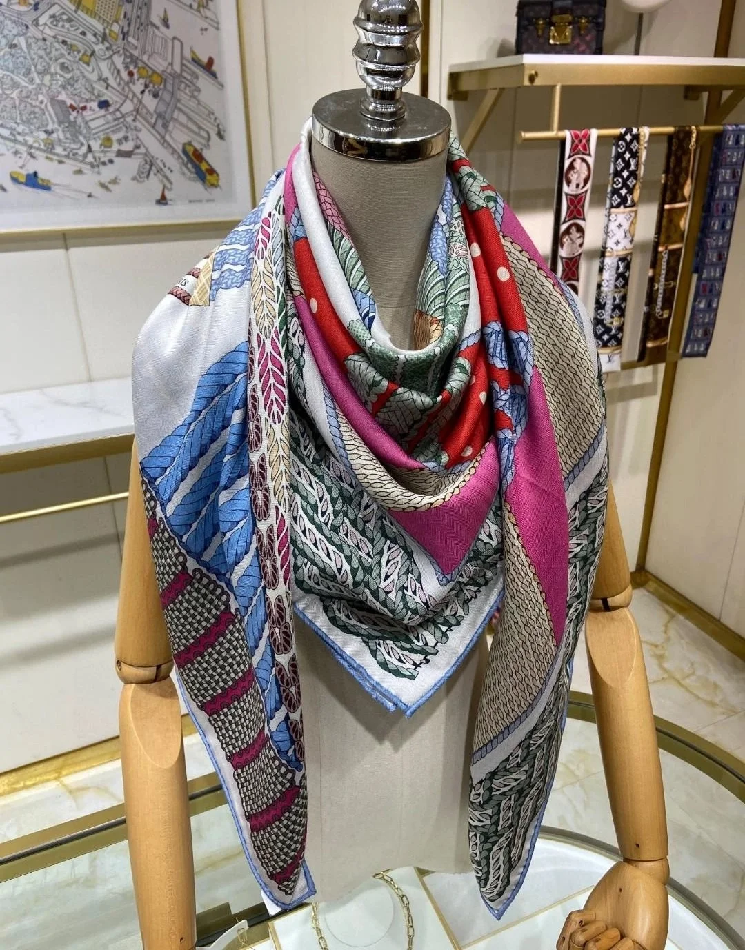 에르메스 Dressage Tressage 140 그레이 숄 스카프