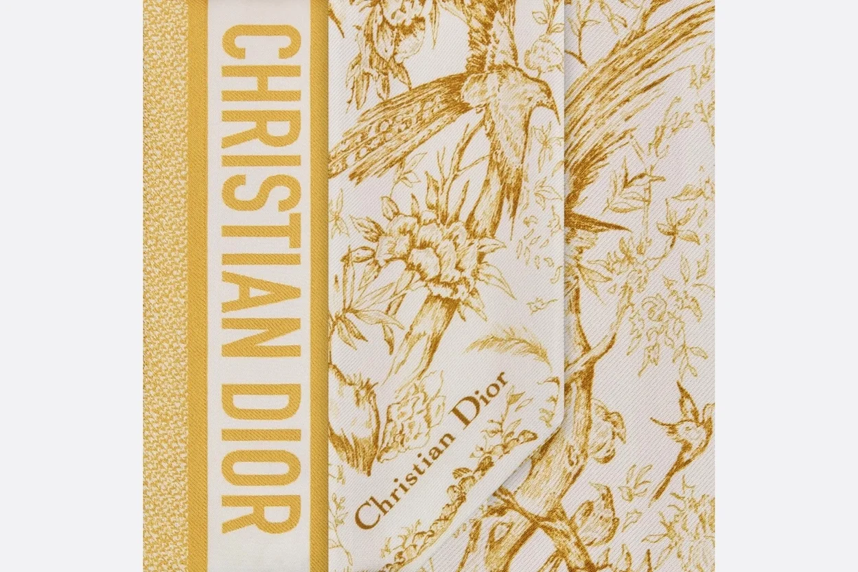 디올 화이트 앤 골드 톤 실크 트윌 미차 스카프