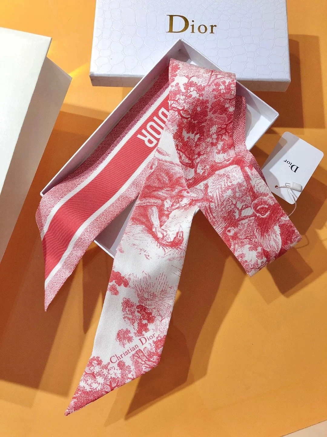 디올 아이보리 앤 피오니 핑크 실크 트윌 미차 스카프