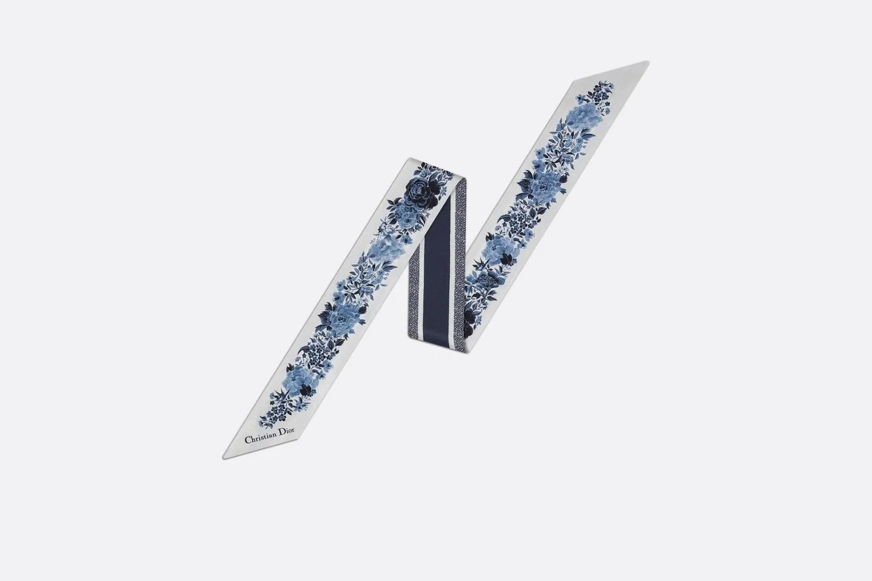 디올 아이보리 앤 블루 실크 트윌 미차 스카프