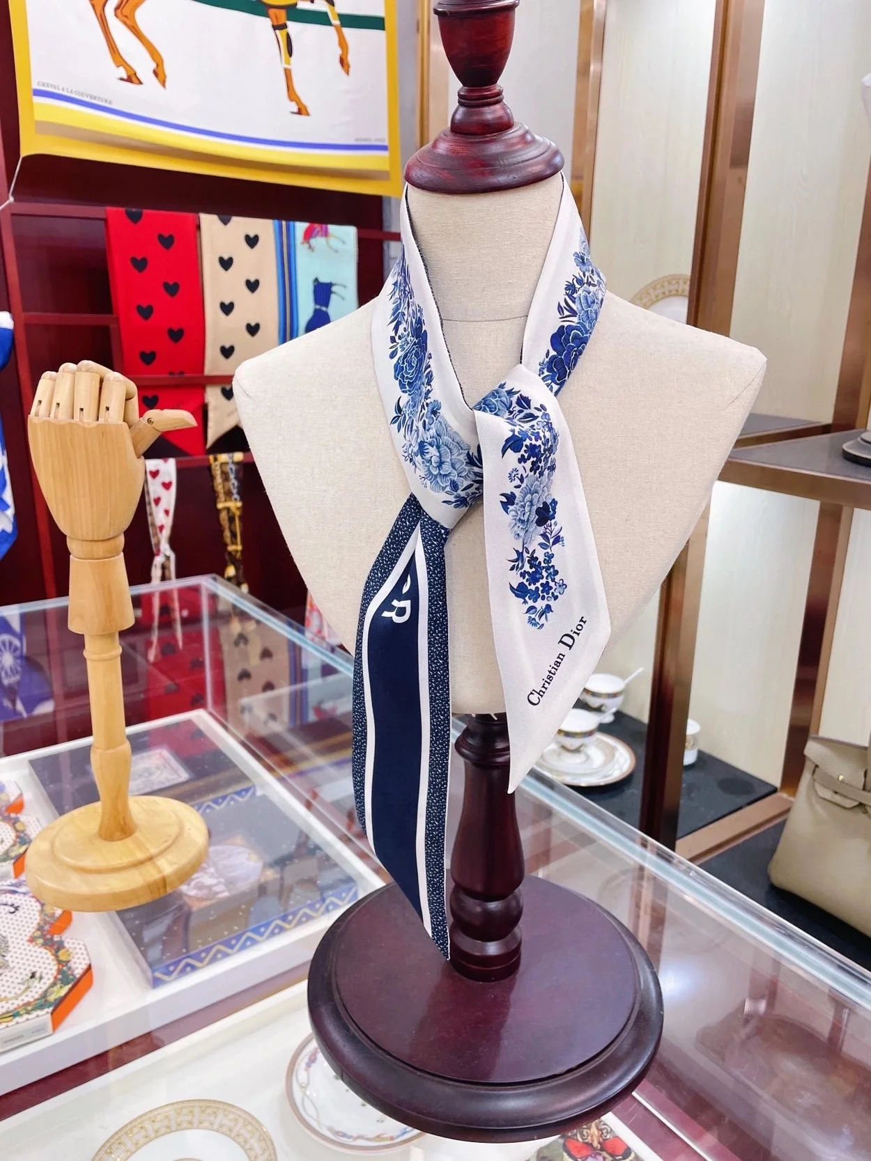 디올 아이보리 앤 블루 실크 트윌 미차 스카프