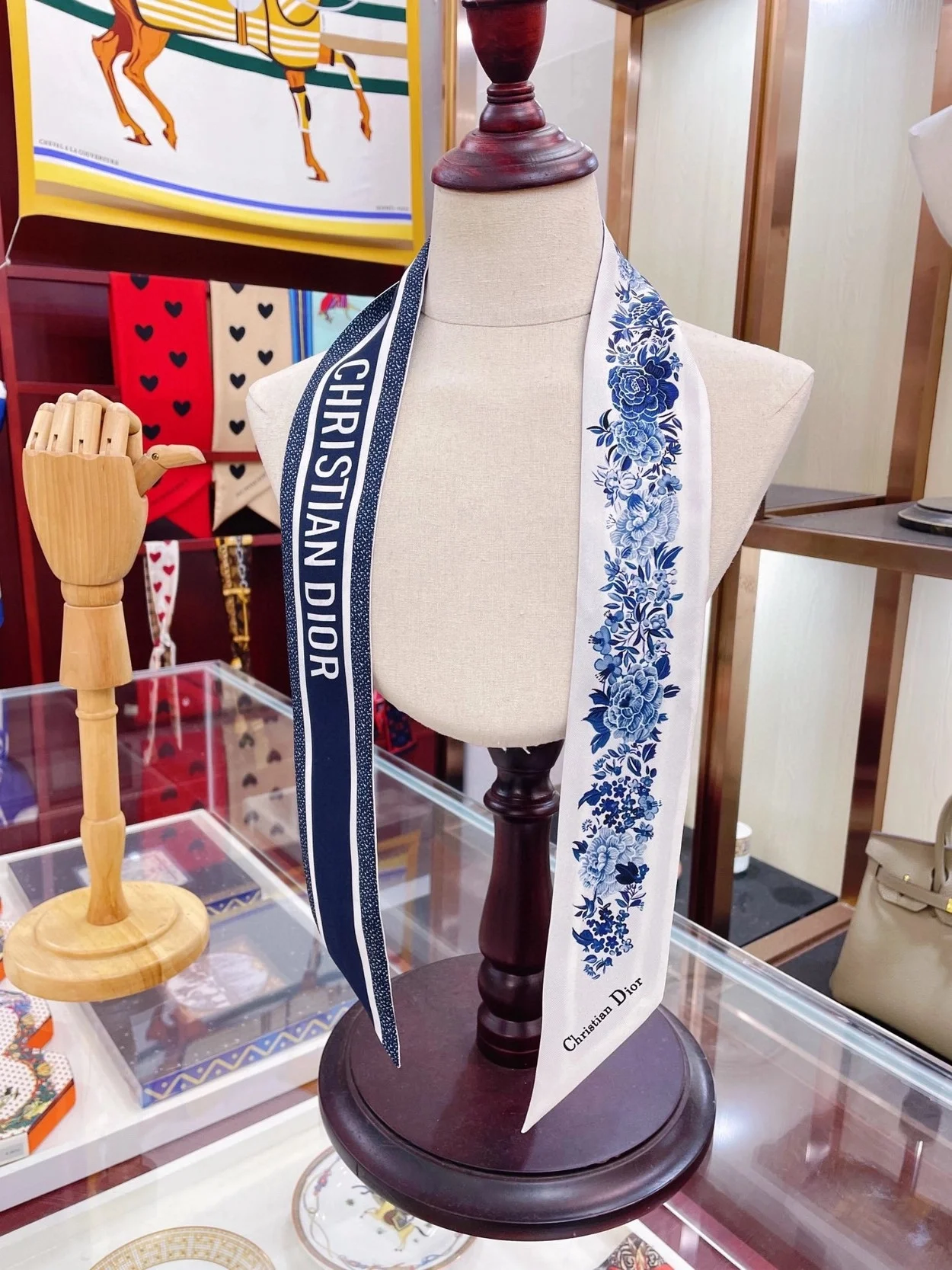 디올 아이보리 앤 블루 실크 트윌 미차 스카프