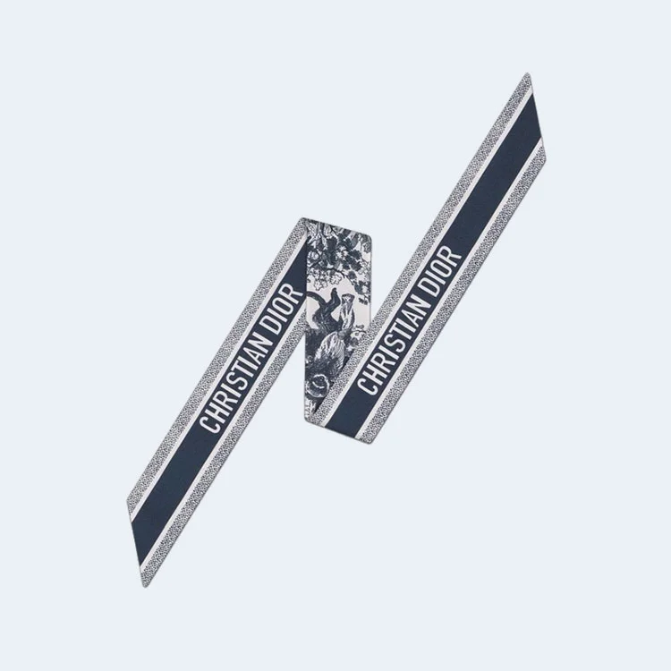 디올 아이보리 앤 네이비 블루 실크 트윌 미차 스카프