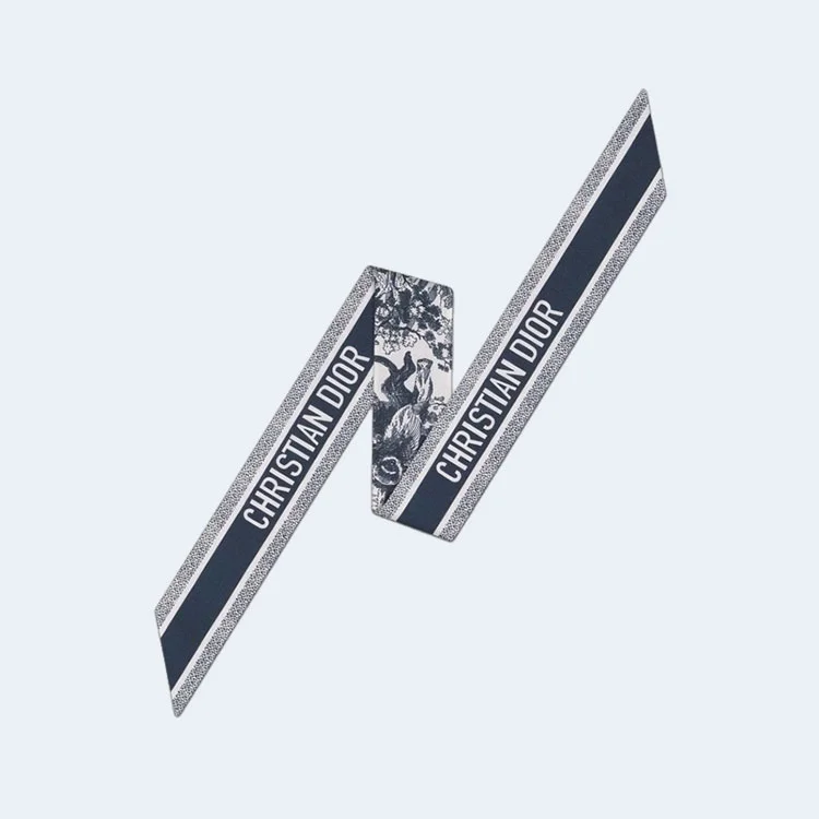 디올 아이보리 앤 네이비 블루 실크 트윌 미차 스카프