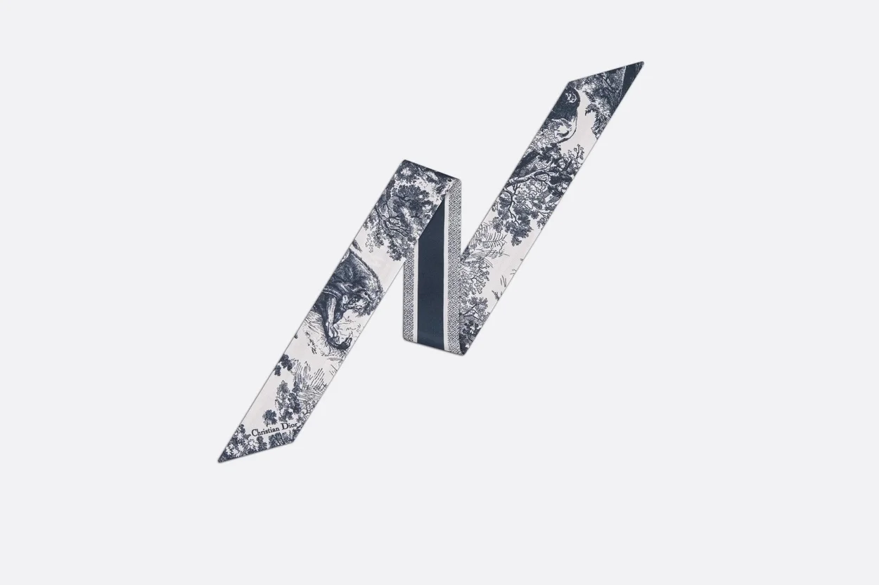 디올 아이보리 앤 네이비 블루 실크 트윌 미차 스카프