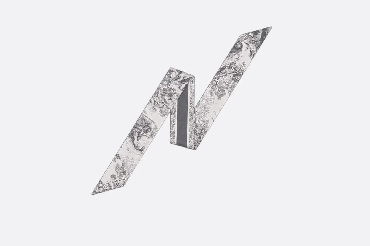 디올 아이보리 앤 그레이 실크 트윌 미차 스카프