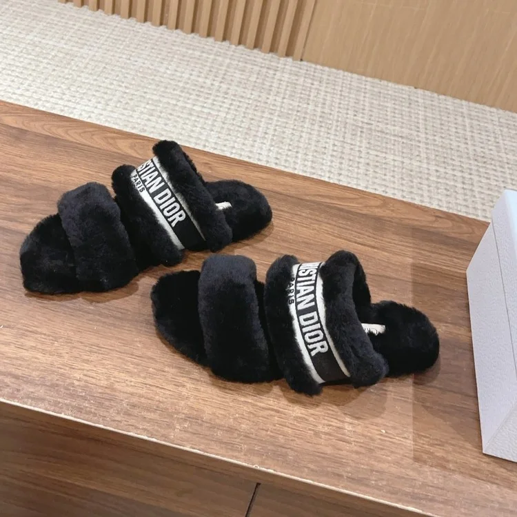 디올 더블 스트랩 쉐무아 뮬 블랙