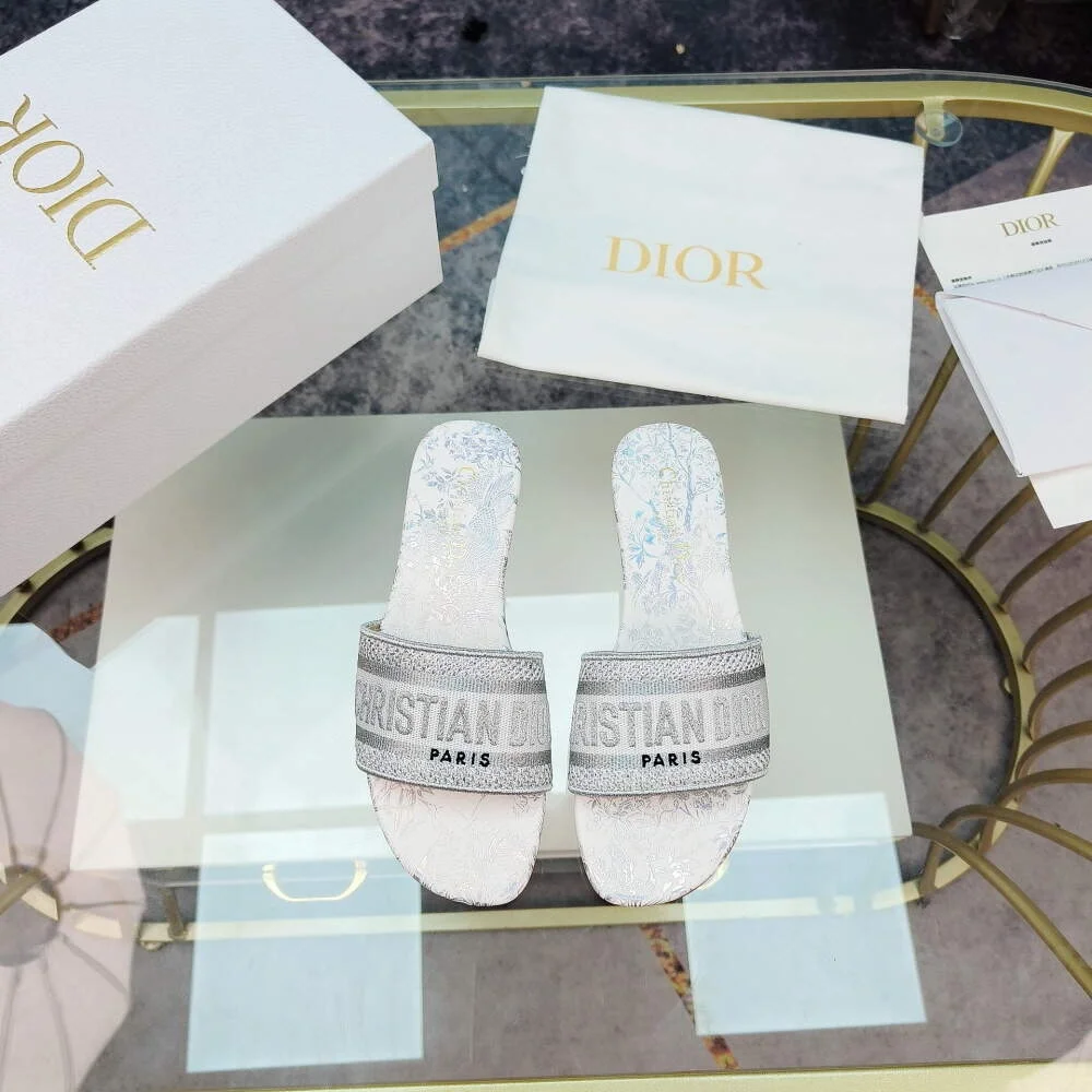 디올 그레이 자수 코튼 DWAY 뮬