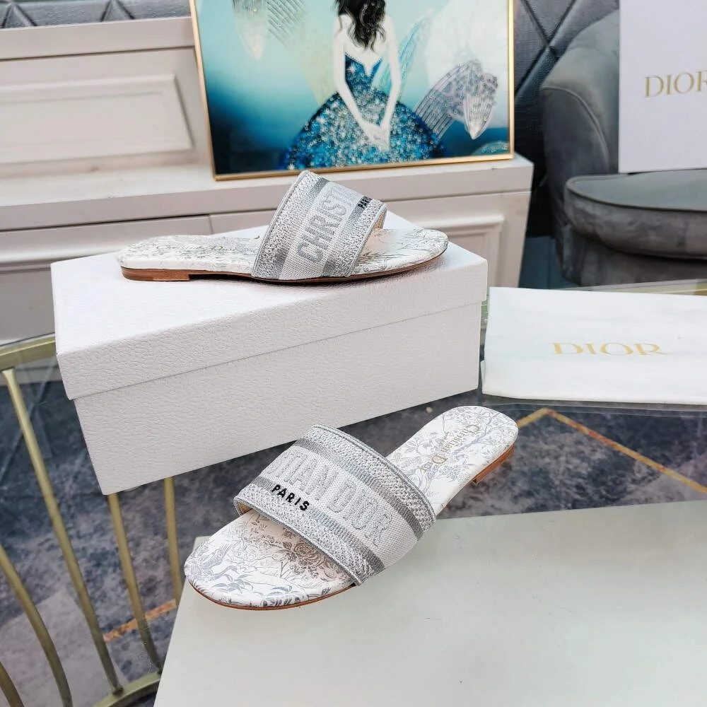 디올 그레이 자수 코튼 DWAY 뮬