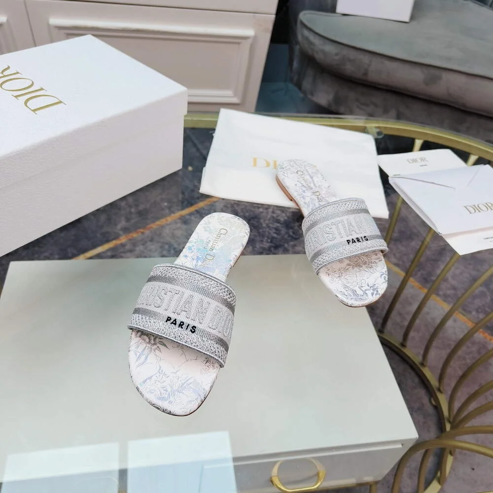 디올 그레이 자수 코튼 DWAY 뮬