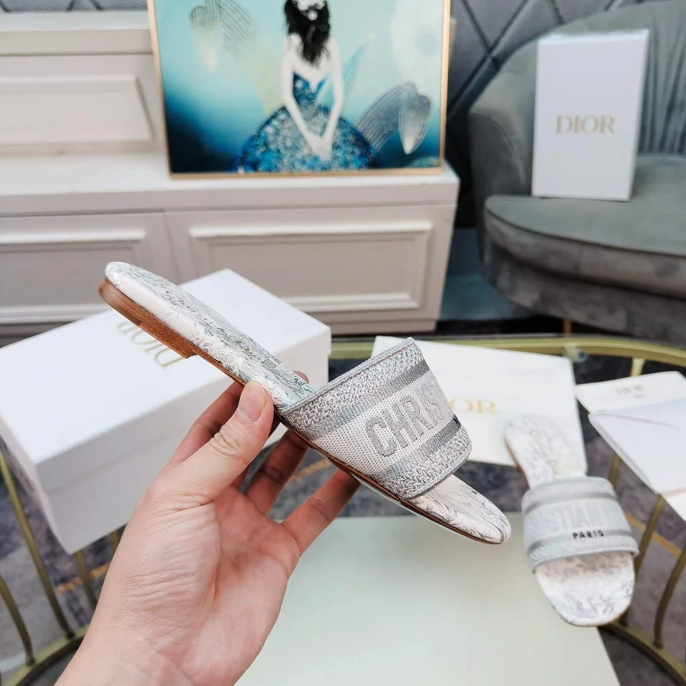 디올 그레이 자수 코튼 DWAY 뮬