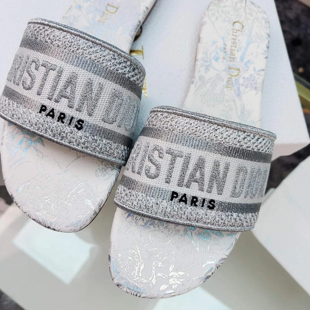 디올 그레이 자수 코튼 DWAY 뮬