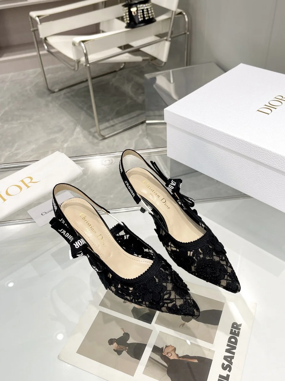디올 자디올 레이스 슬링백 블랙 메쉬 미드힐