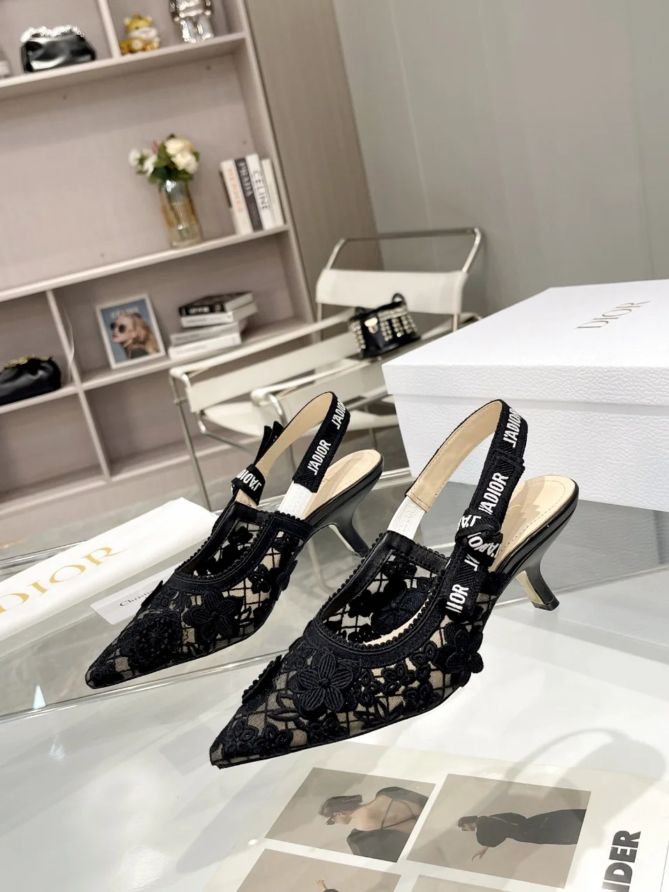 디올 자디올 레이스 슬링백 블랙 메쉬 미드힐