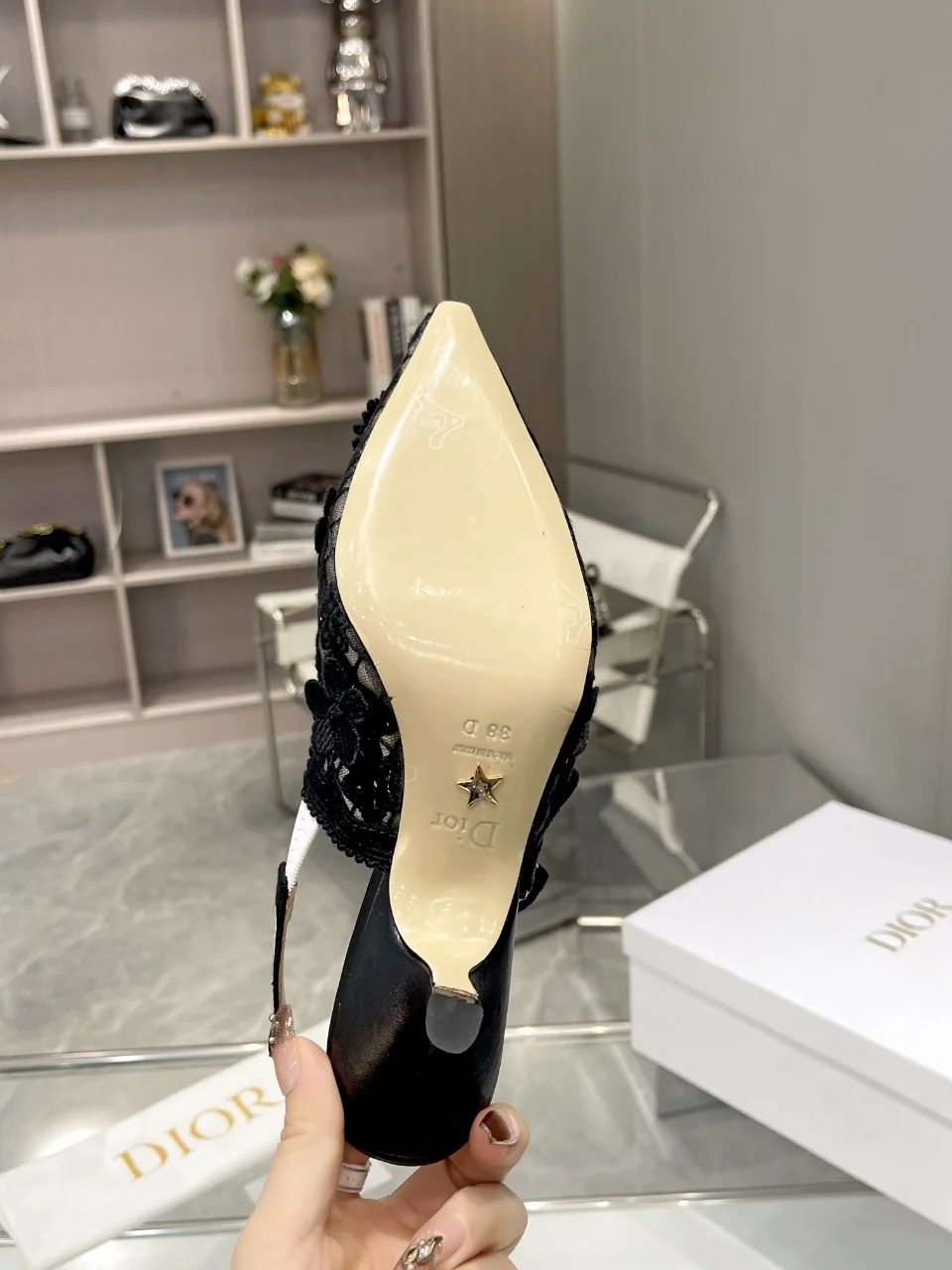 디올 자디올 레이스 슬링백 블랙 메쉬 미드힐