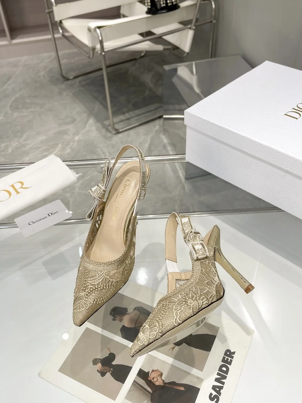 디올 자디올 레이스 슬링백 골드 메쉬 하이힐