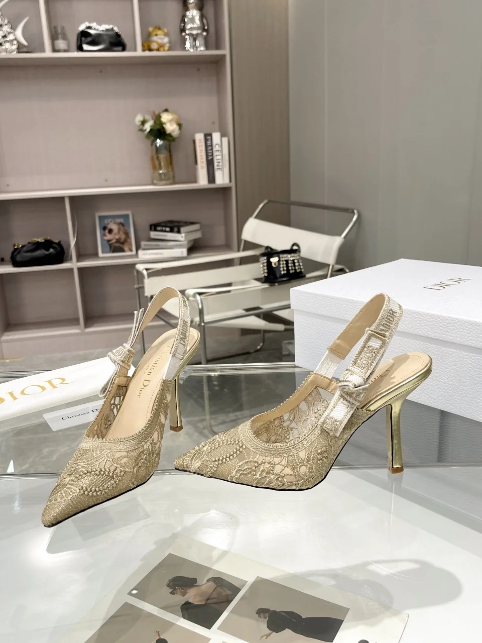 디올 자디올 레이스 슬링백 골드 메쉬 하이힐
