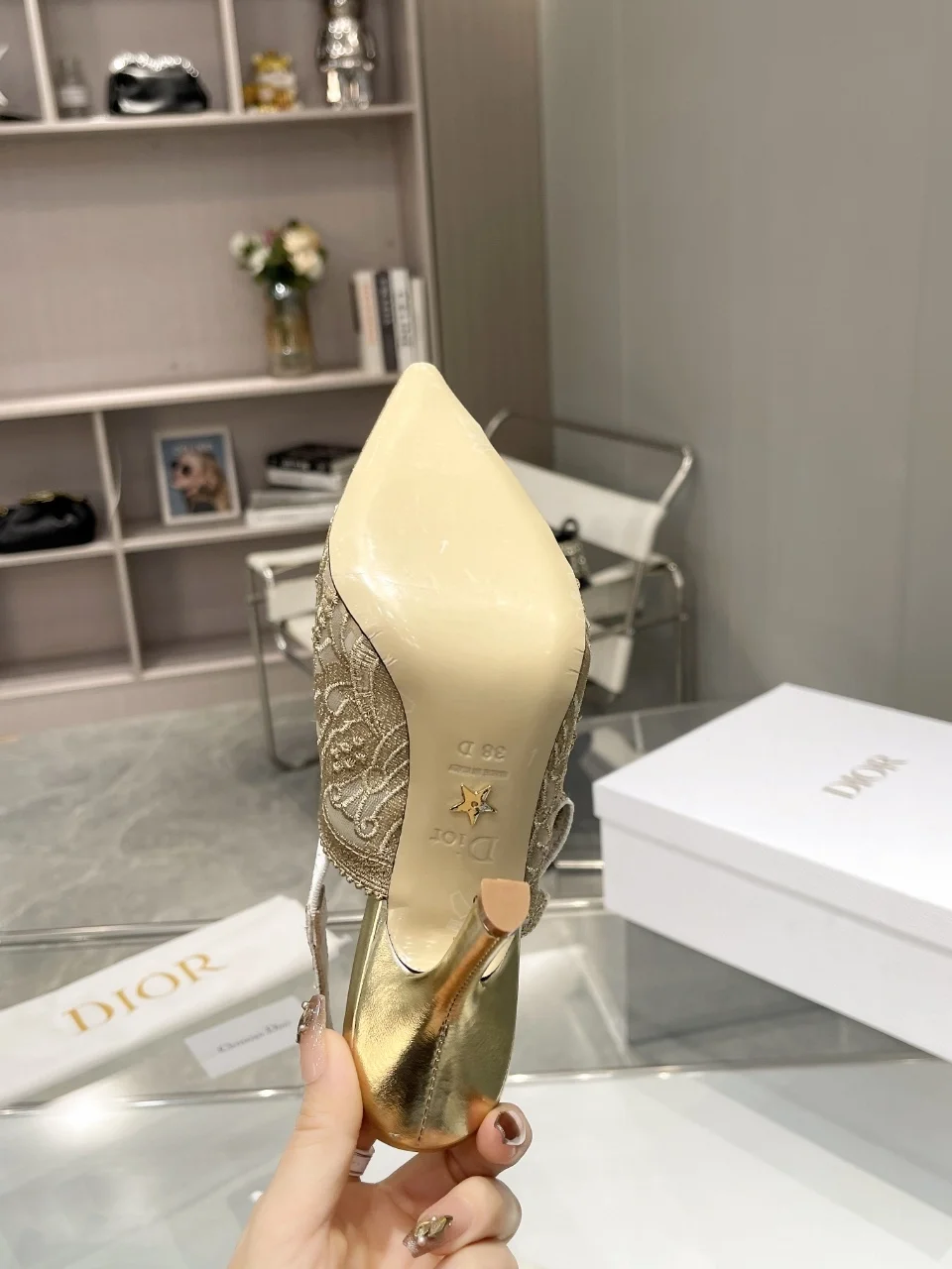 디올 자디올 레이스 슬링백 골드 메쉬 하이힐