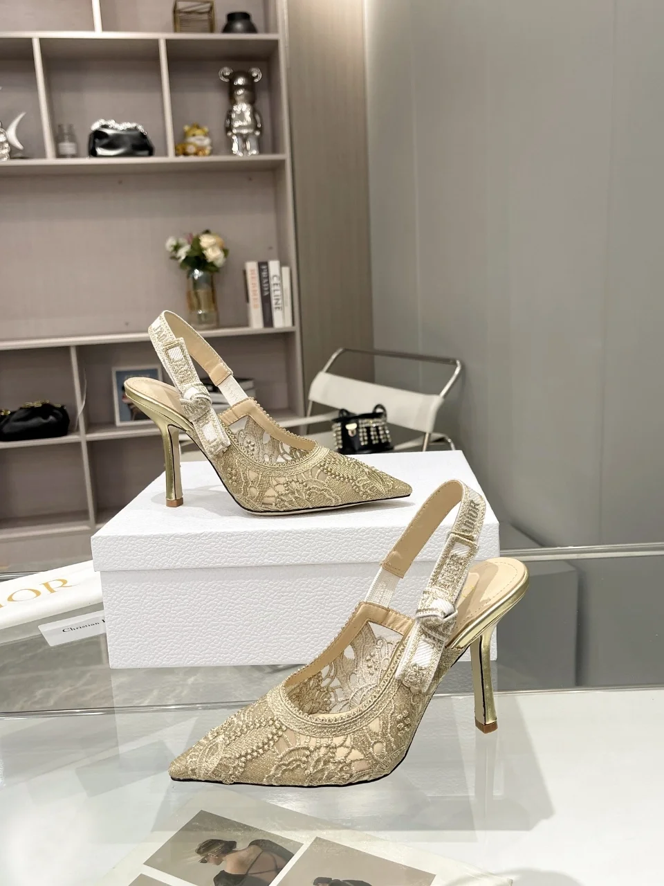 디올 자디올 레이스 슬링백 골드 메쉬 하이힐