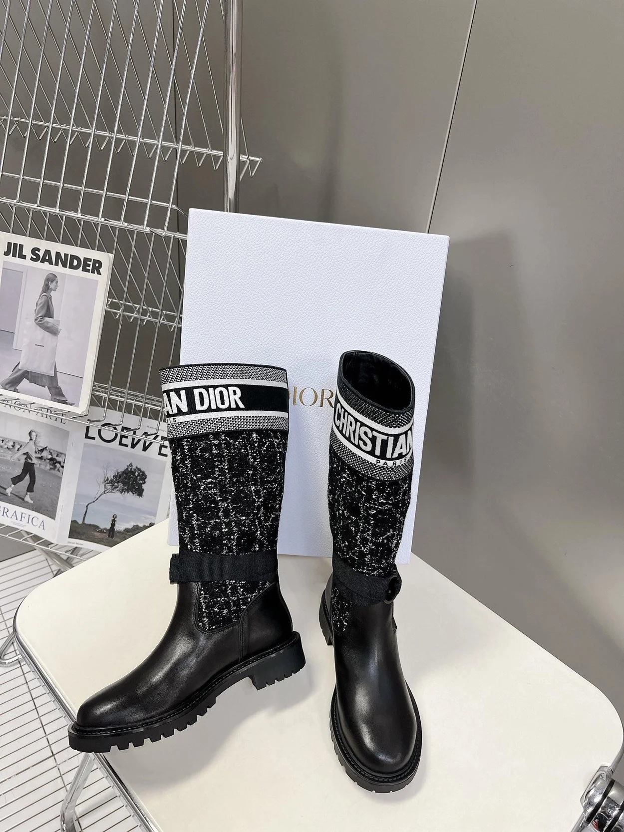 디올 D-MAJOR 까나쥬 트위드 부츠 송아지 가죽