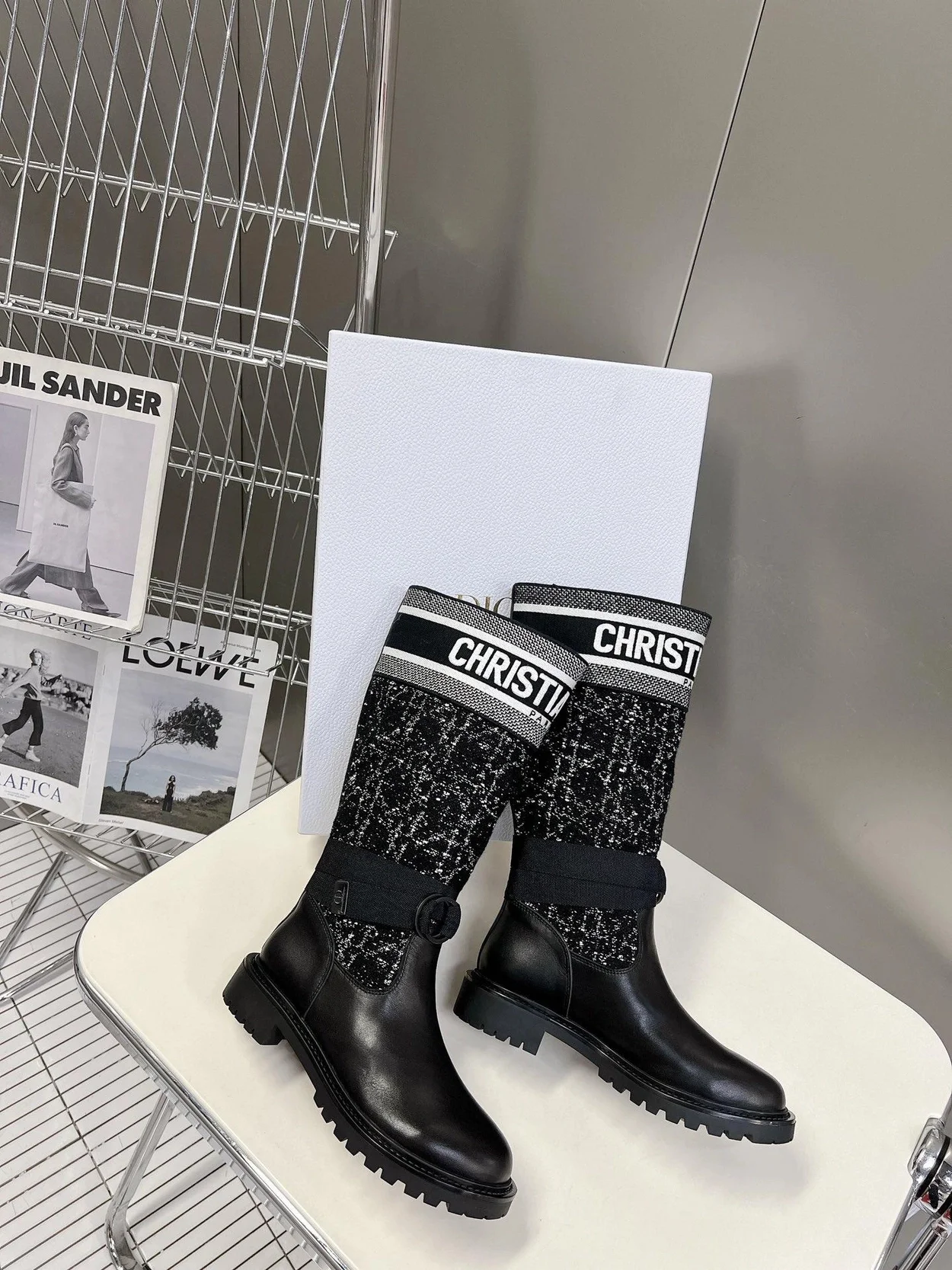 디올 D-MAJOR 까나쥬 트위드 부츠 송아지 가죽