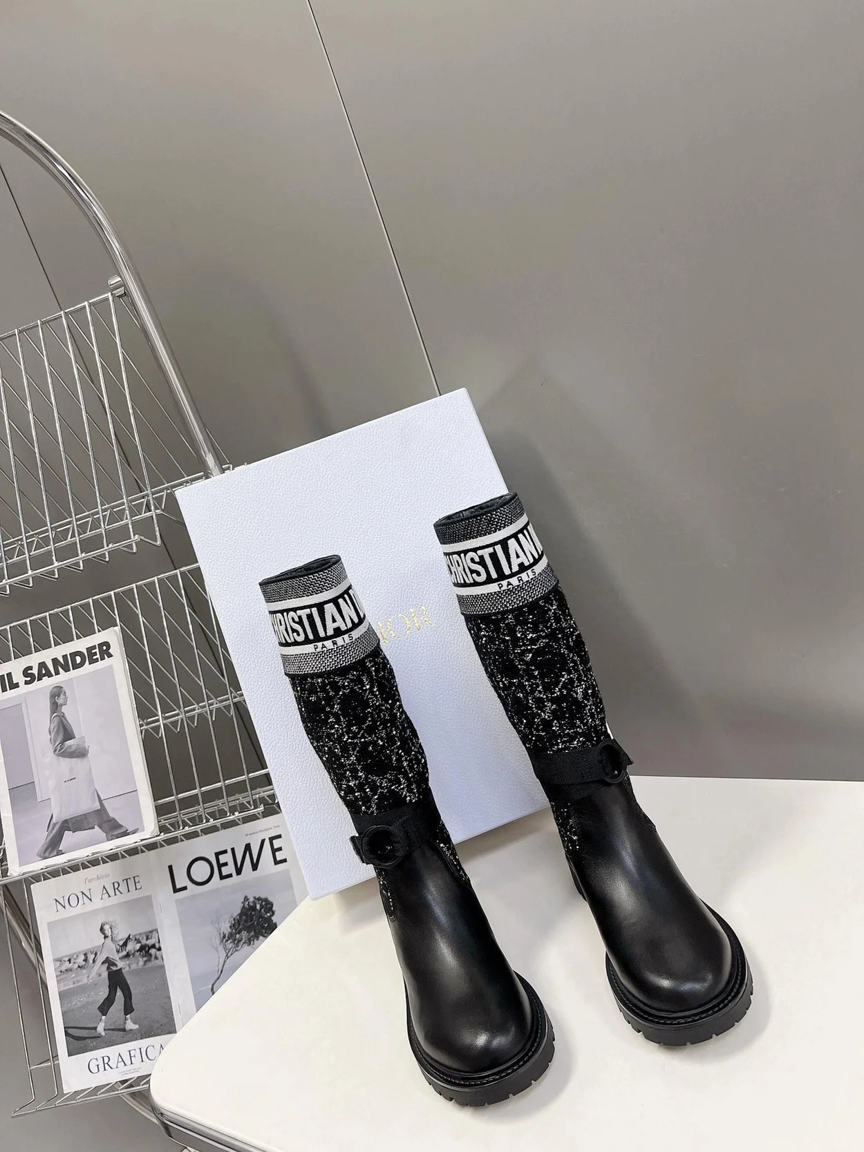 디올 D-MAJOR 까나쥬 트위드 부츠 송아지 가죽