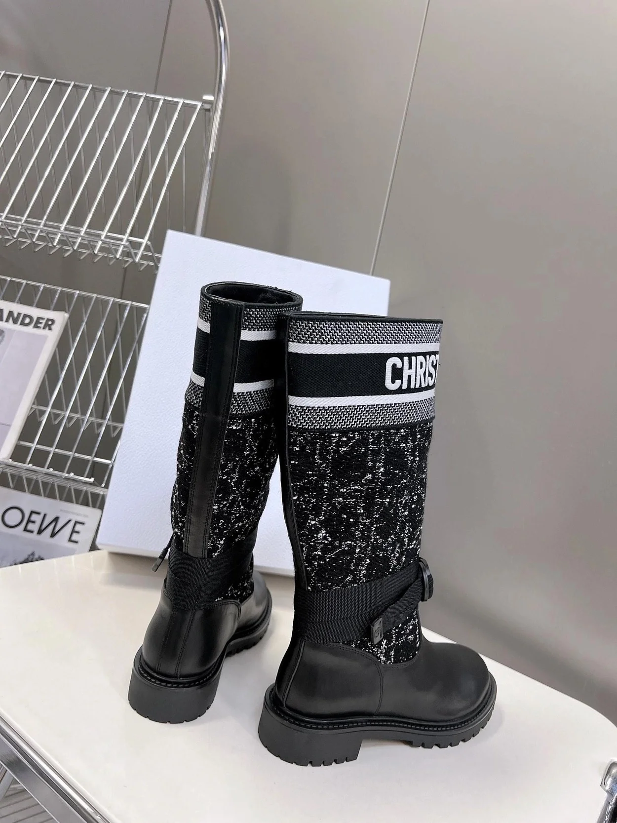 디올 D-MAJOR 까나쥬 트위드 부츠 송아지 가죽