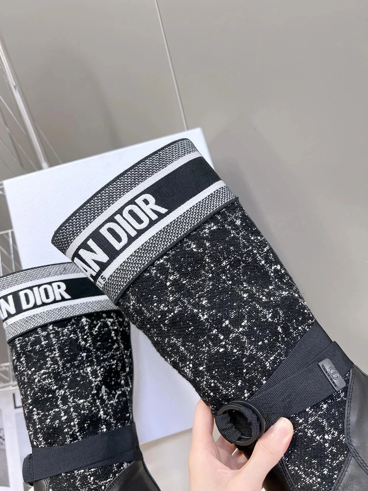 디올 D-MAJOR 까나쥬 트위드 부츠 송아지 가죽