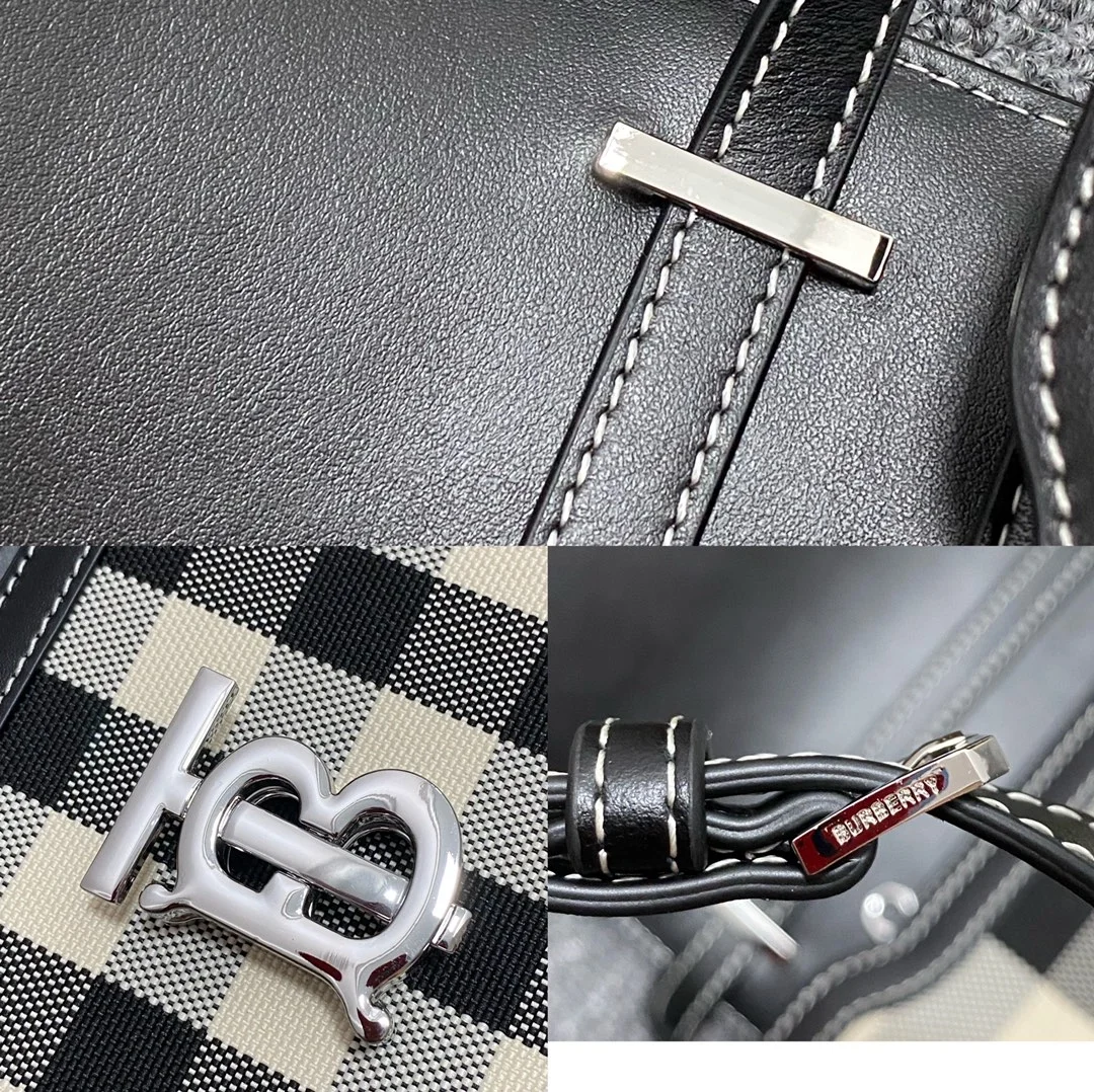 버버리 버터 베이지 체크 캔버스 레더백