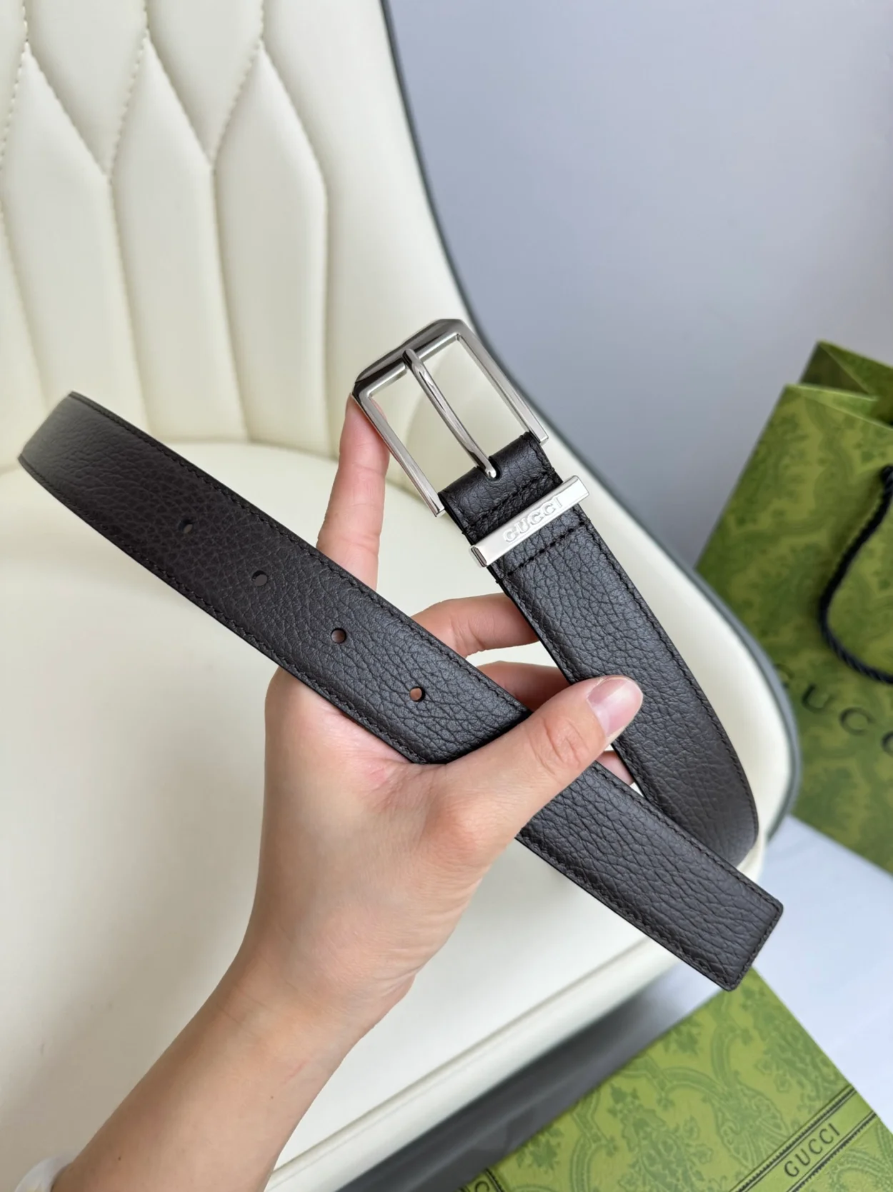 구찌 직사각형 버클 벨트 브라운 30mm