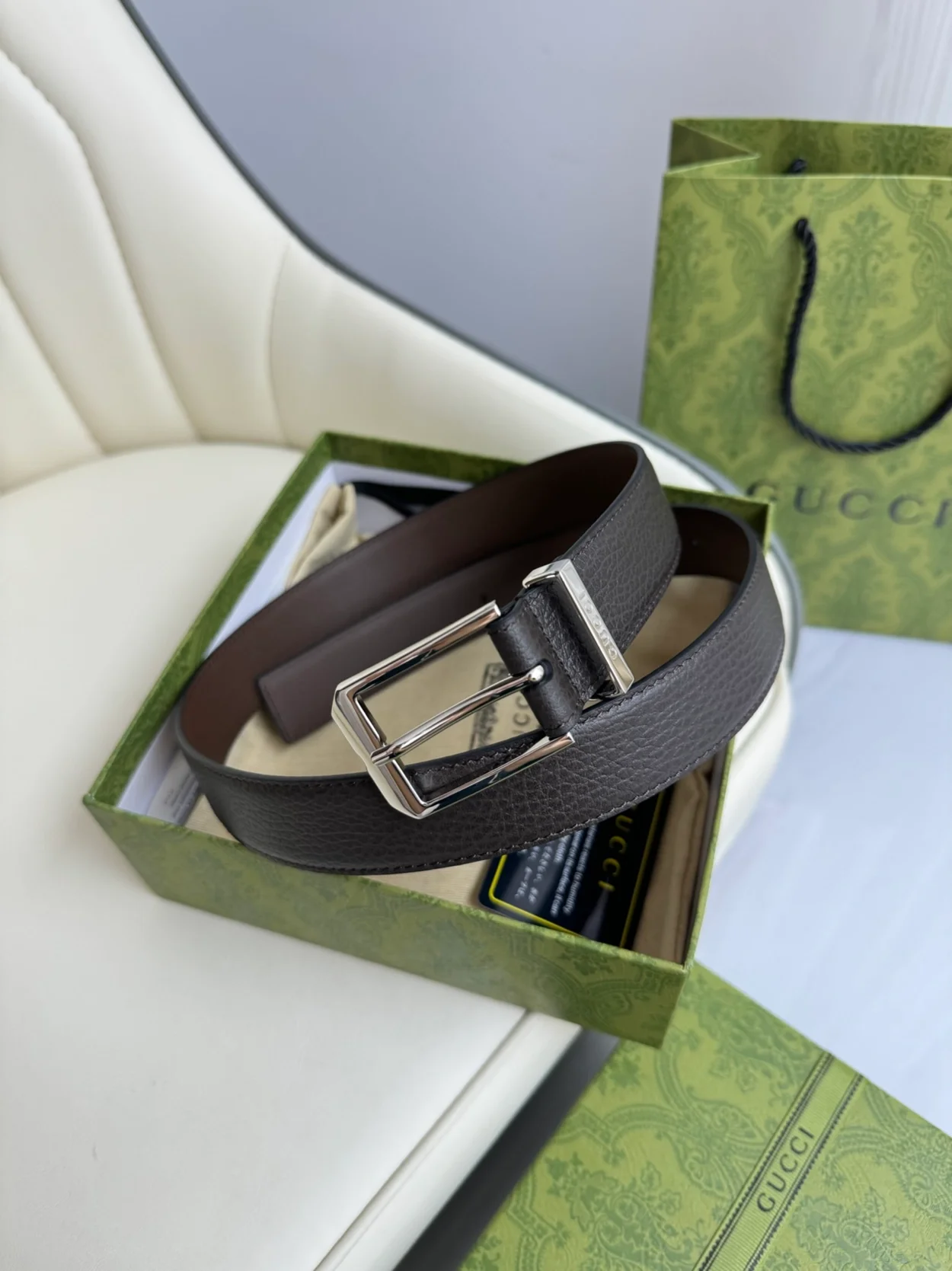 구찌 직사각형 버클 벨트 브라운 30mm