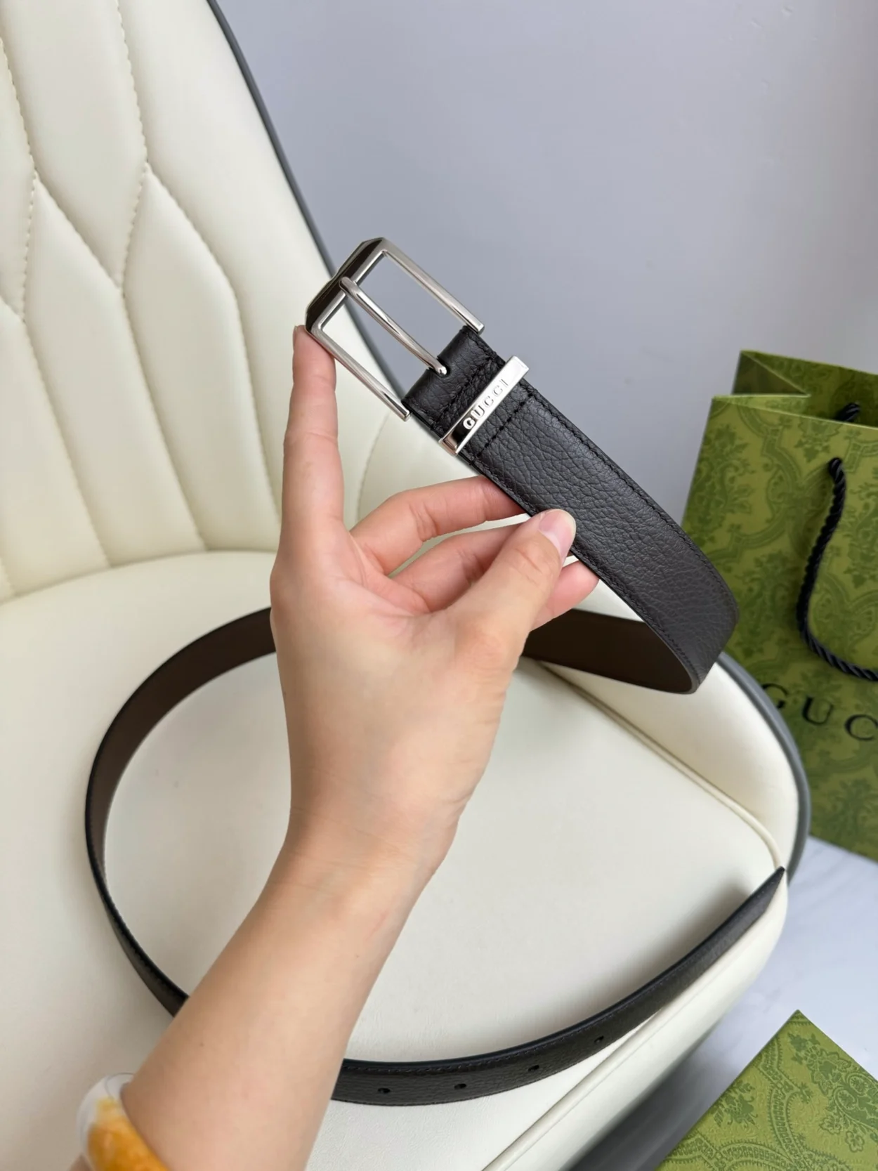 구찌 직사각형 버클 벨트 브라운 30mm