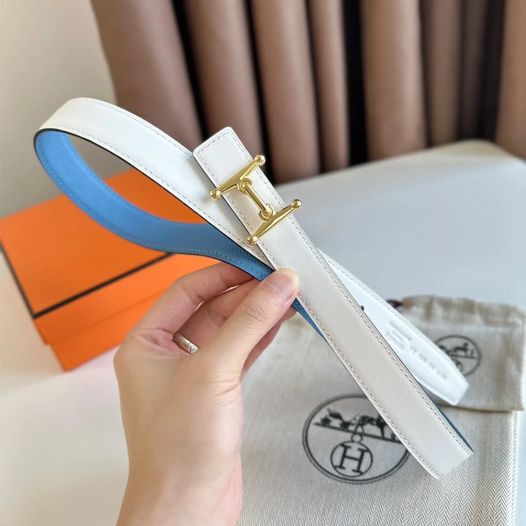 에르메스 MORS H 리버서블 화이트 벨트 금장 24mm