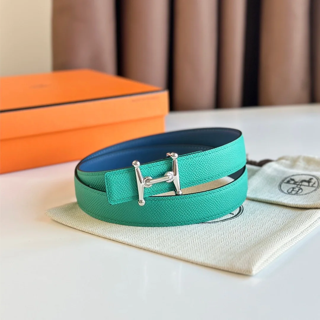 에르메스 MORS H 리버서블 그린 블루 벨트 은장 24mm