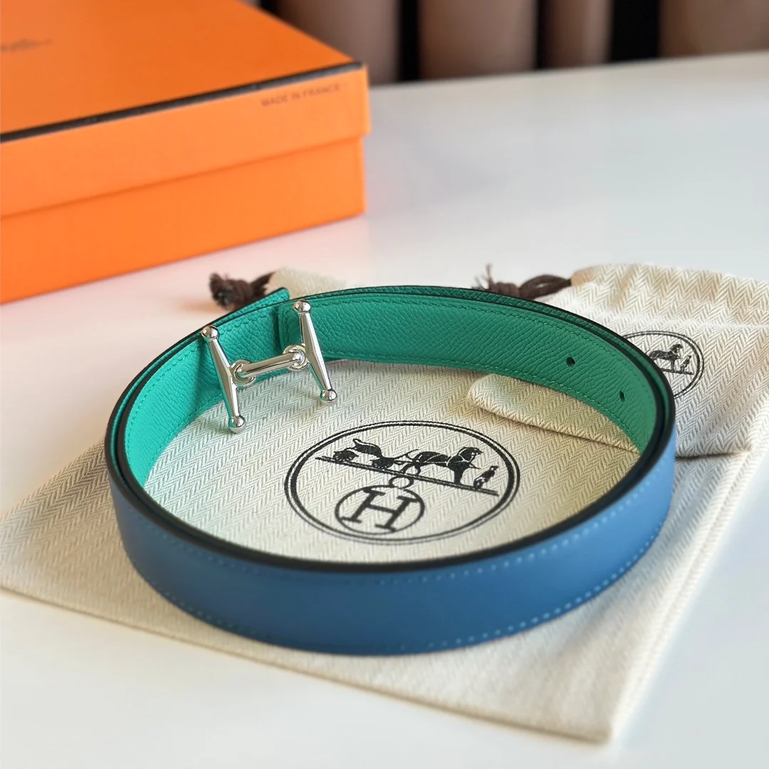 에르메스 MORS H 리버서블 그린 블루 벨트 은장 24mm