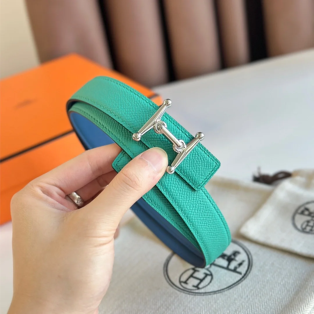 에르메스 MORS H 리버서블 그린 블루 벨트 은장 24mm