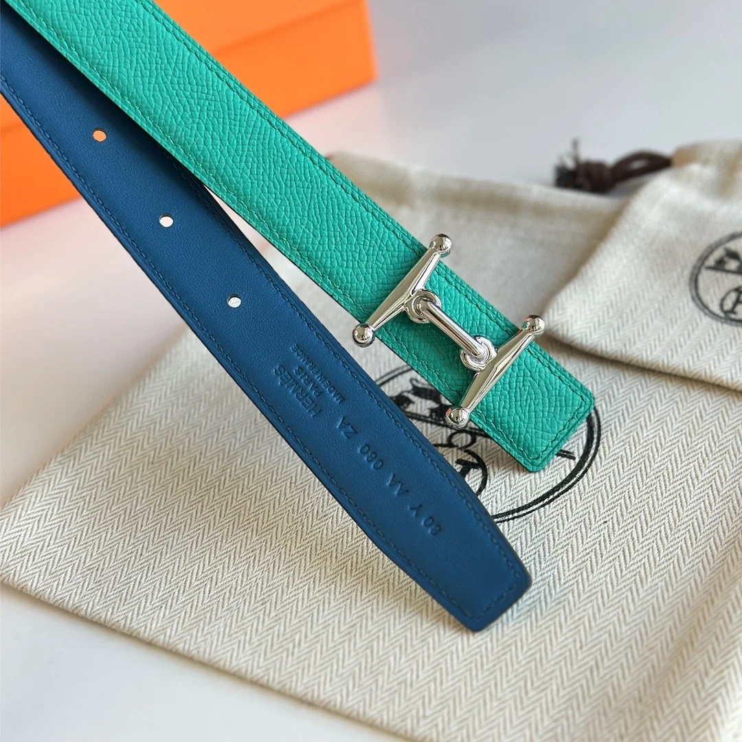 에르메스 MORS H 리버서블 그린 블루 벨트 은장 24mm