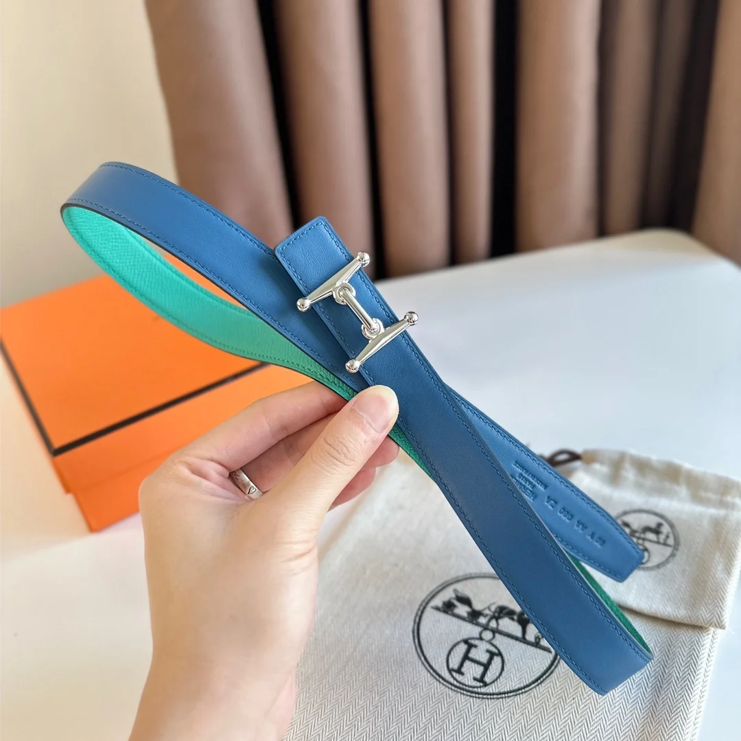 에르메스 MORS H 리버서블 그린 블루 벨트 은장 24mm
