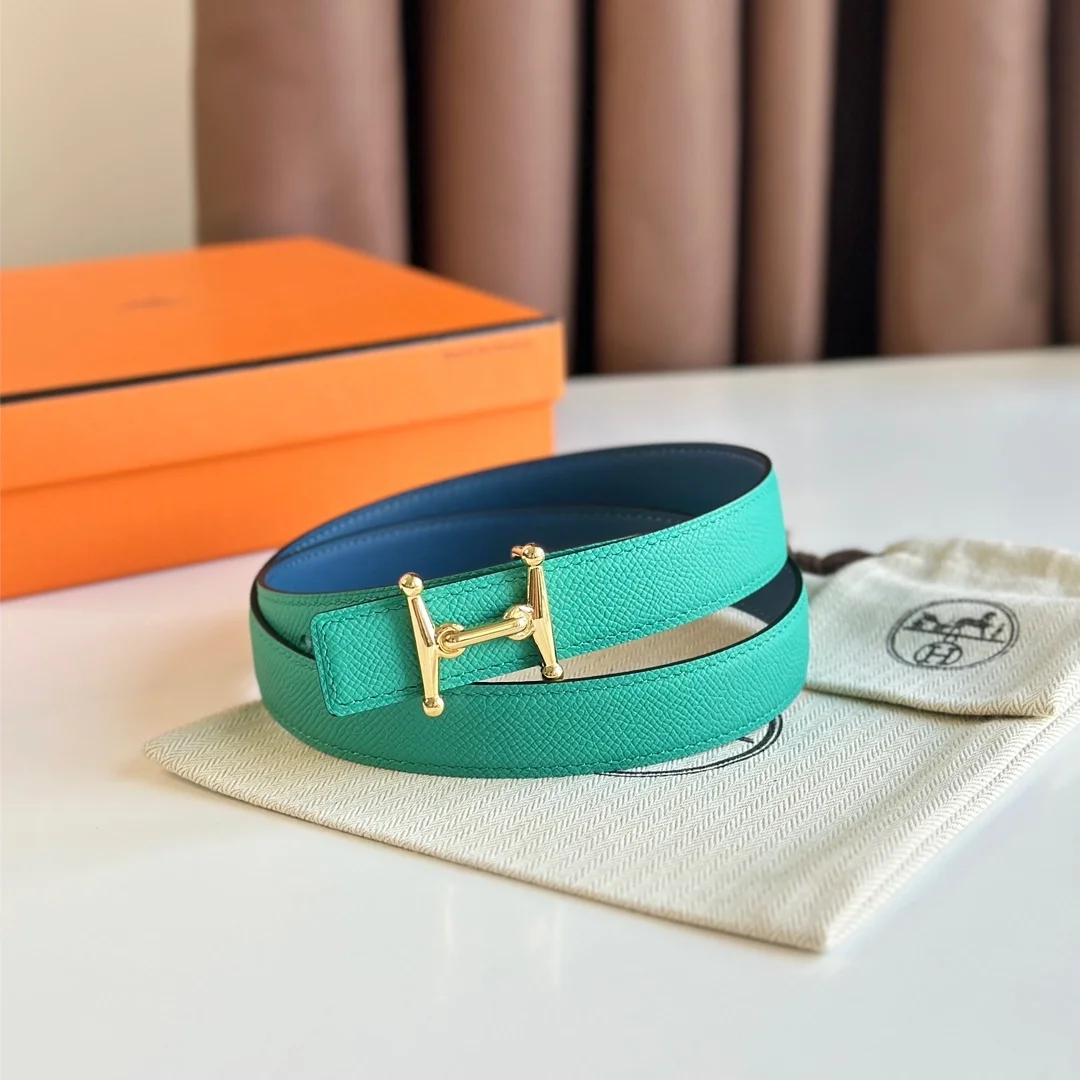 에르메스 MORS H 리버서블 그린 블루 벨트 금장 24mm