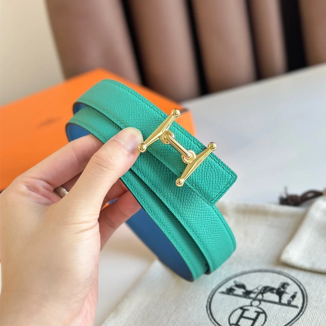 에르메스 MORS H 리버서블 그린 블루 벨트 금장 24mm