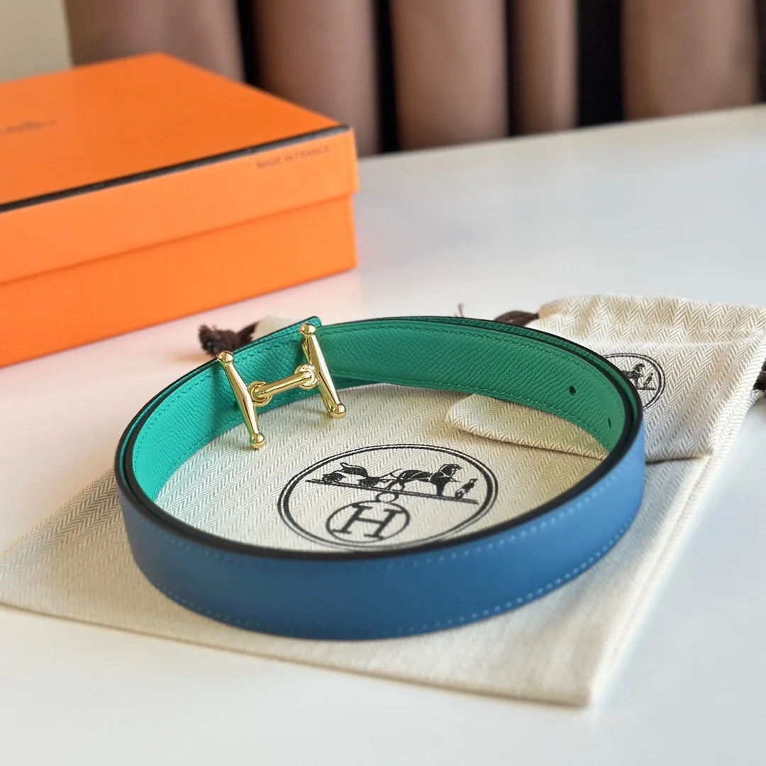 에르메스 MORS H 리버서블 그린 블루 벨트 금장 24mm