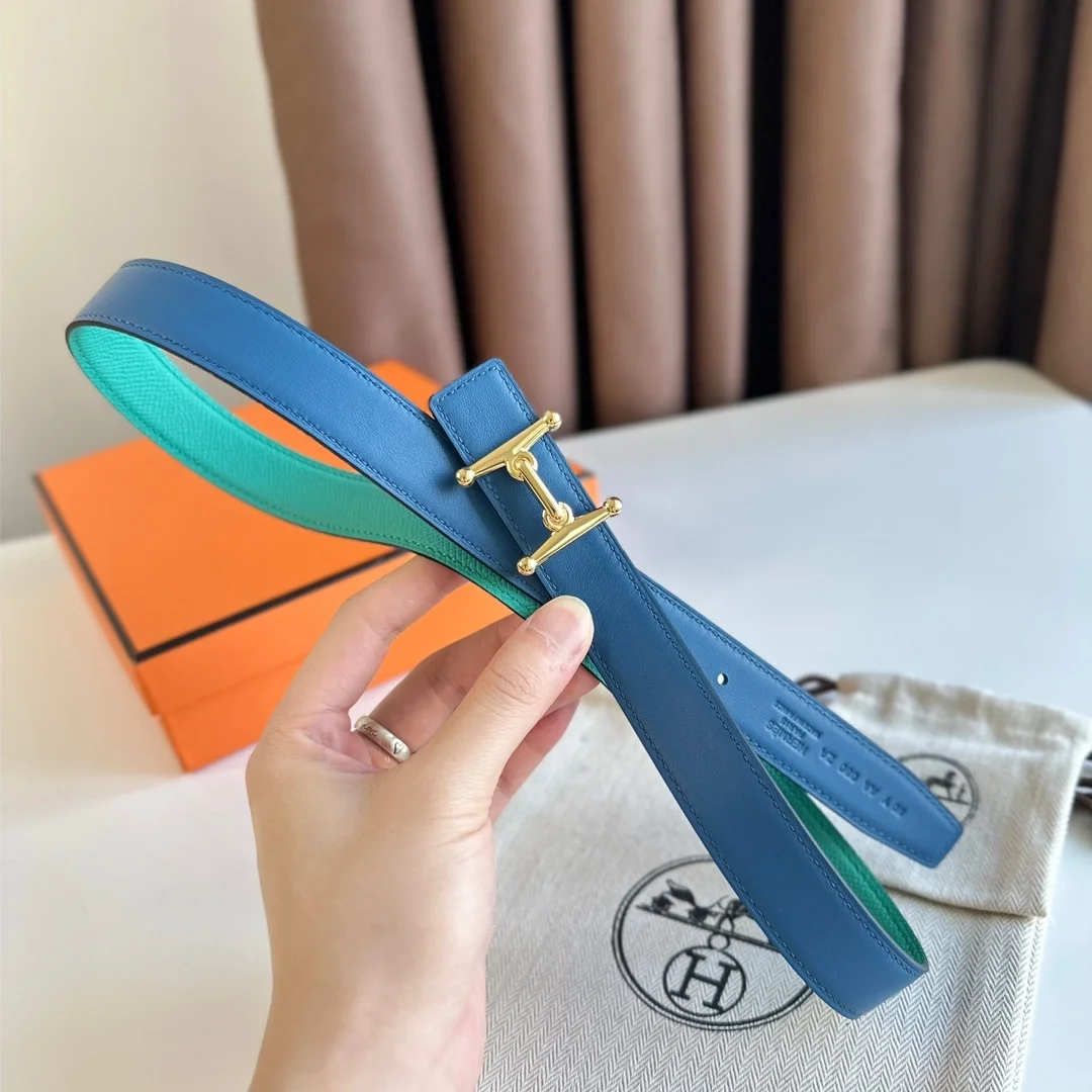 에르메스 MORS H 리버서블 그린 블루 벨트 금장 24mm