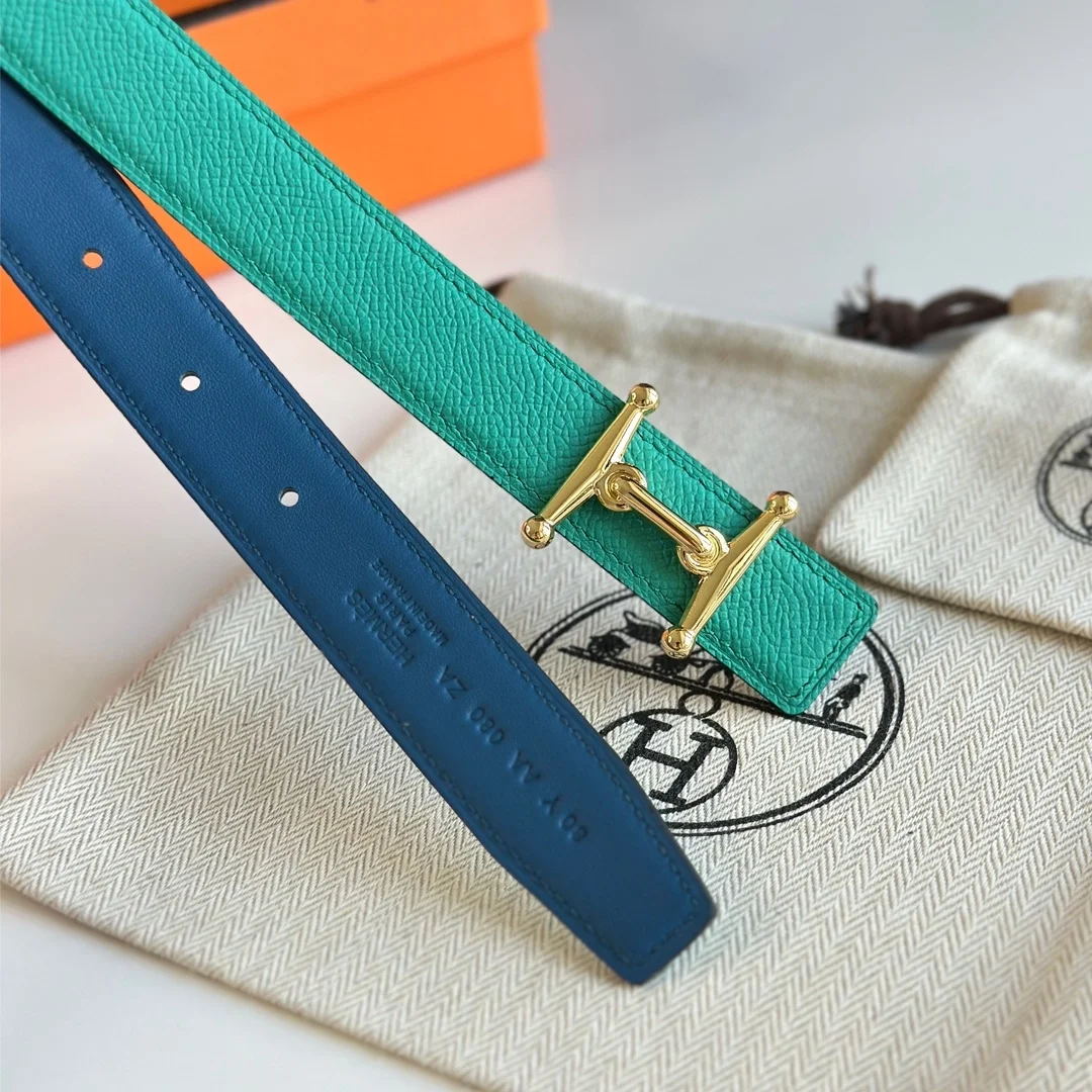 에르메스 MORS H 리버서블 그린 블루 벨트 금장 24mm