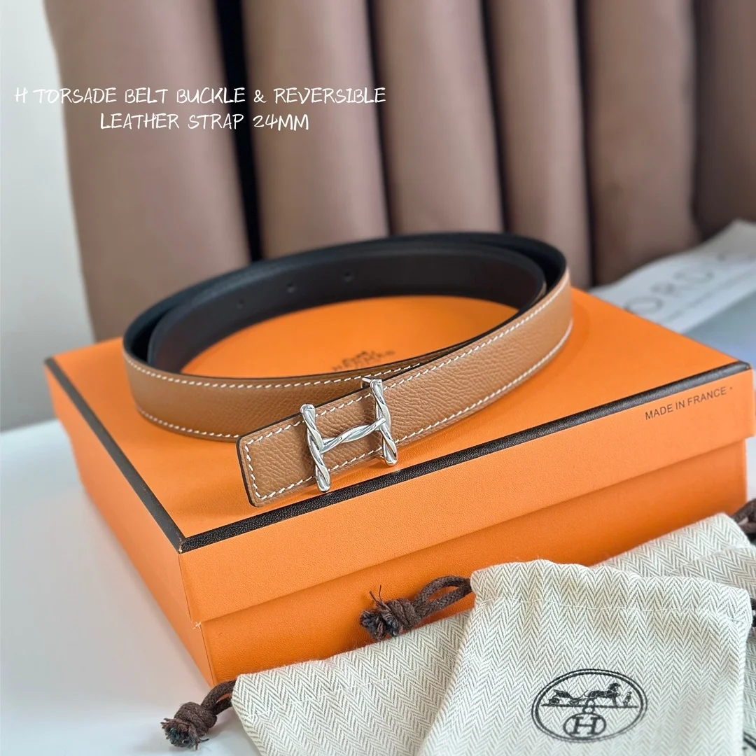 에르메스 H 트위스트 리버서블 브라운 벨트 24mm