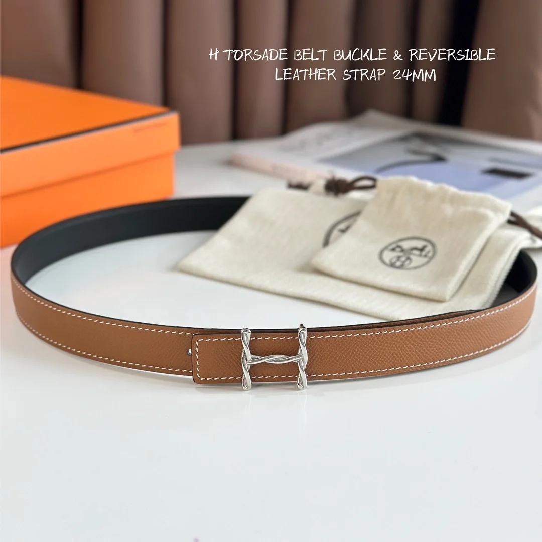 에르메스 H 트위스트 리버서블 브라운 벨트 24mm