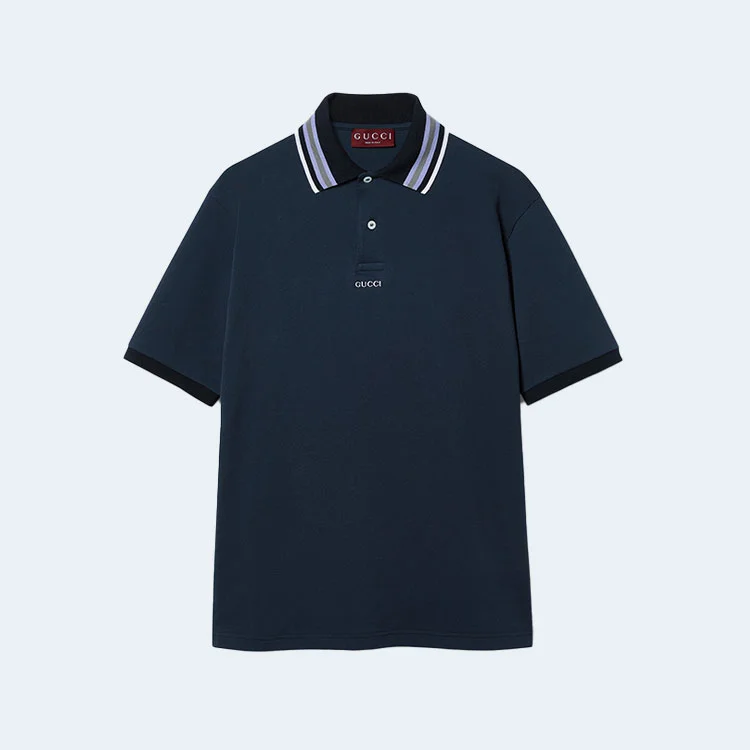 구찌 자수 코튼 폴로 셔츠 네이비