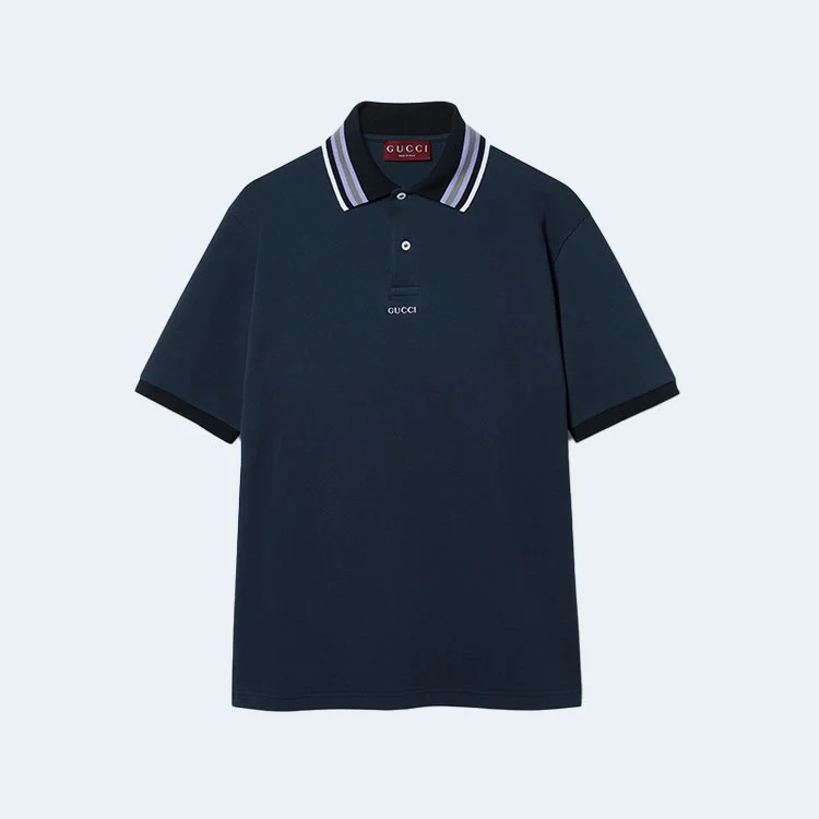 구찌 자수 코튼 폴로 셔츠 네이비