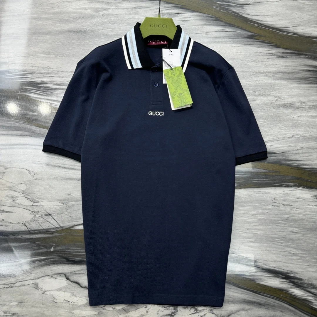 구찌 자수 코튼 폴로 셔츠 네이비
