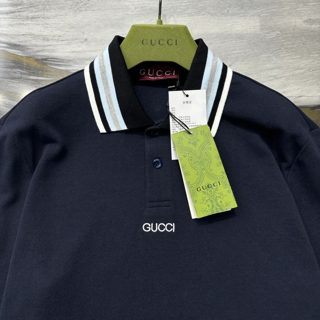 구찌 자수 코튼 폴로 셔츠 네이비